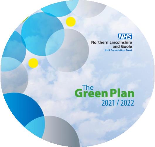 A circular graphic with clouds in the background, blue and grey interlocking circles and the words 'The Green Plan 2021/22"