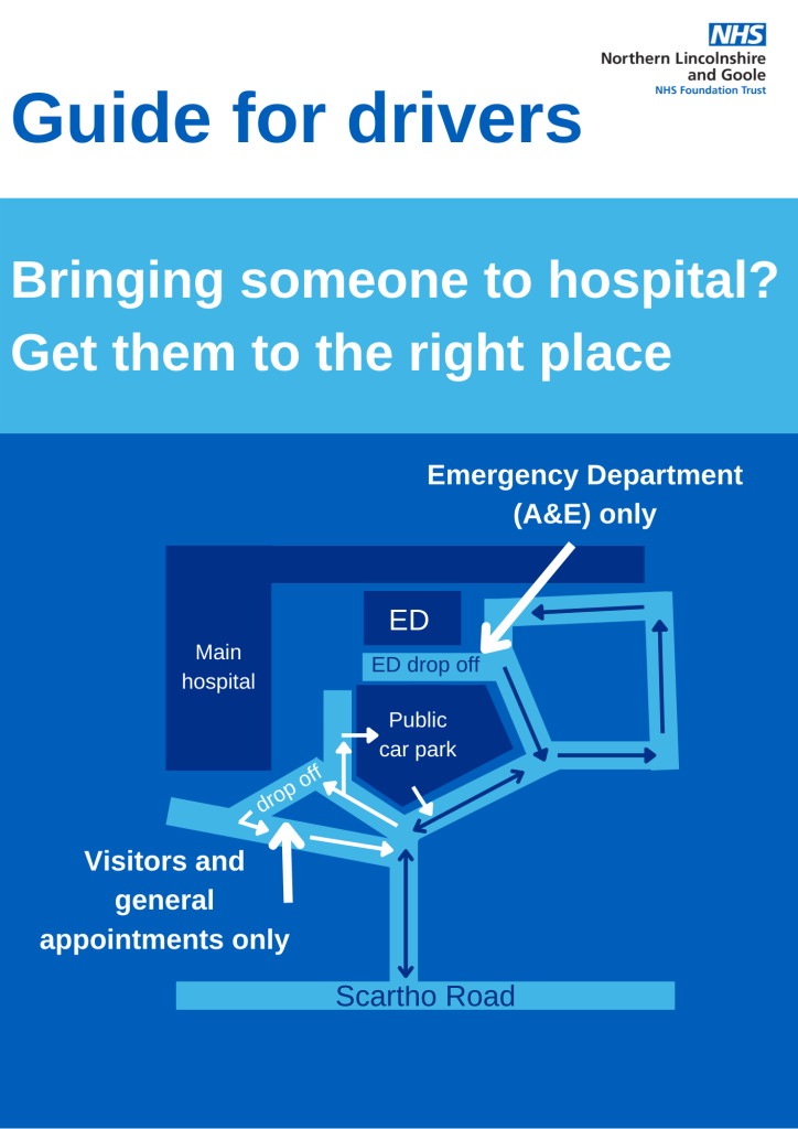 A map of how to get to our patient drop off areas for the new Grimsby Emergency Department and the main hospital.