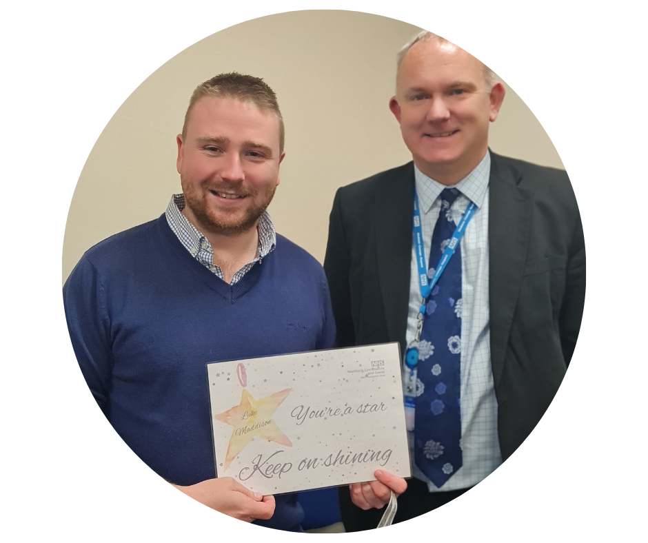 Stars of 2022: Information Systems Trainer Luke Maddison receiving his award from Associate Director of Communications and Engagement, Adrian Beddow
