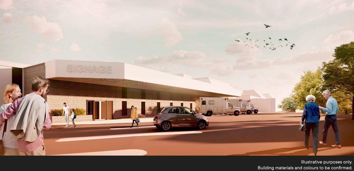 An artist's impression of the exterior of the new Scunthorpe Emergency Department. A white canopy extends out from the main building to provide an ambulance bay.