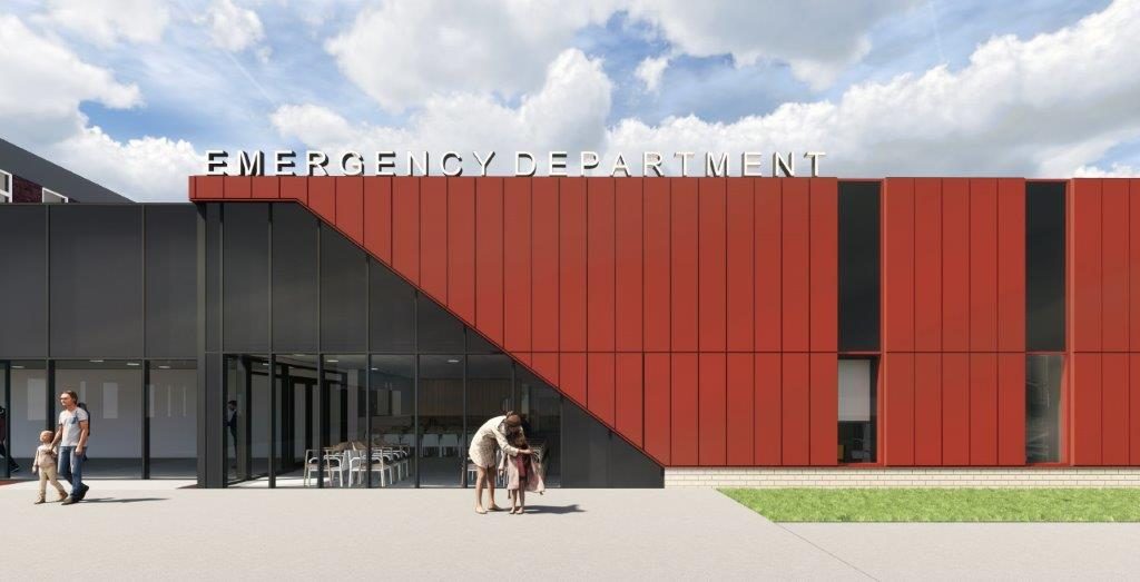 An artist's impression of the new Grimsby Emergency Department. The exterior is clad in red and Emergency Department is spelt out in lettering attached to the roof.