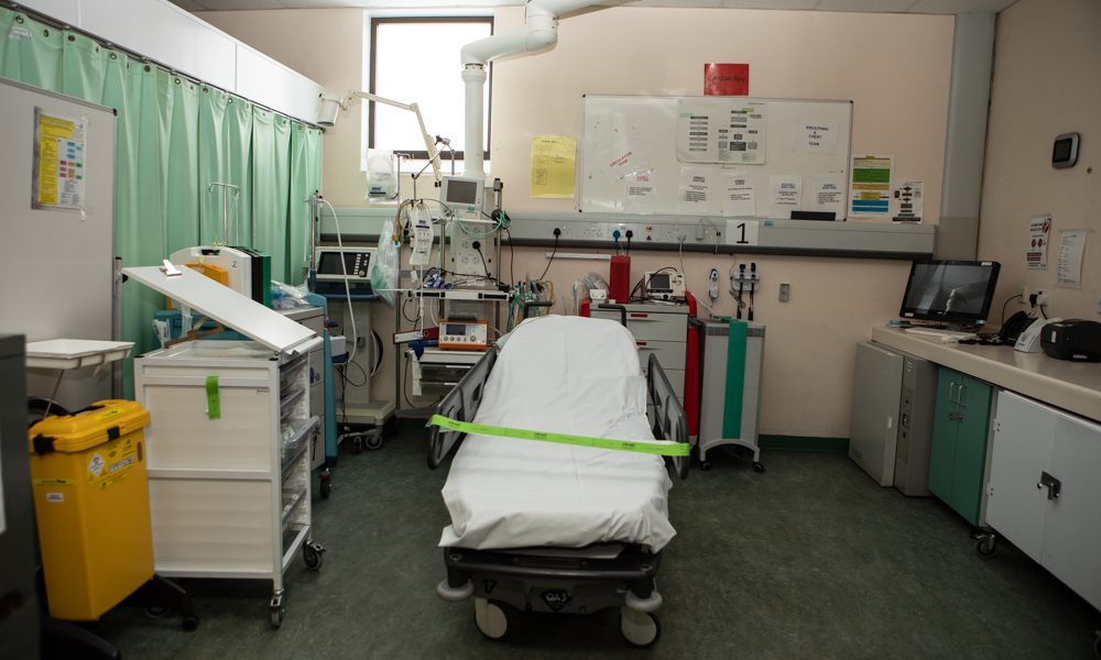 An empty patient trolley in a treatment room at Scunthorpe hospital emergency department