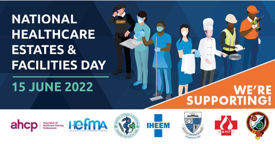 National Healthcare Estates and Facilities Day. The image shows cartoon representations of various roles, including security guards, catering staff and maintenance workers