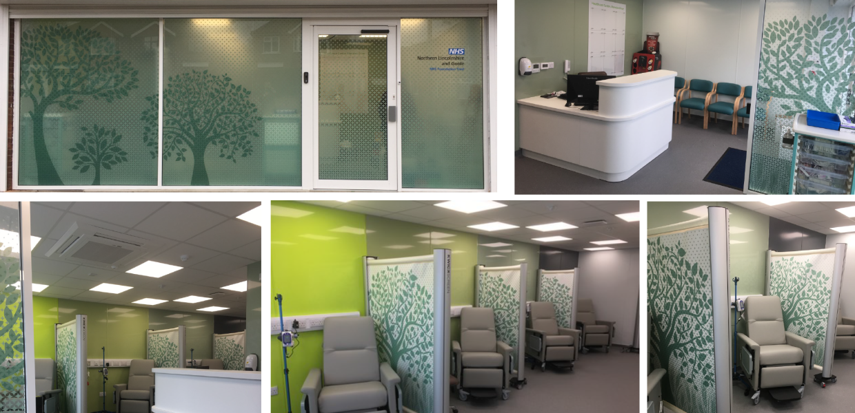 Images of inside a health centre - including comfy looking chairs with drips next to them for chemotherapy treatment