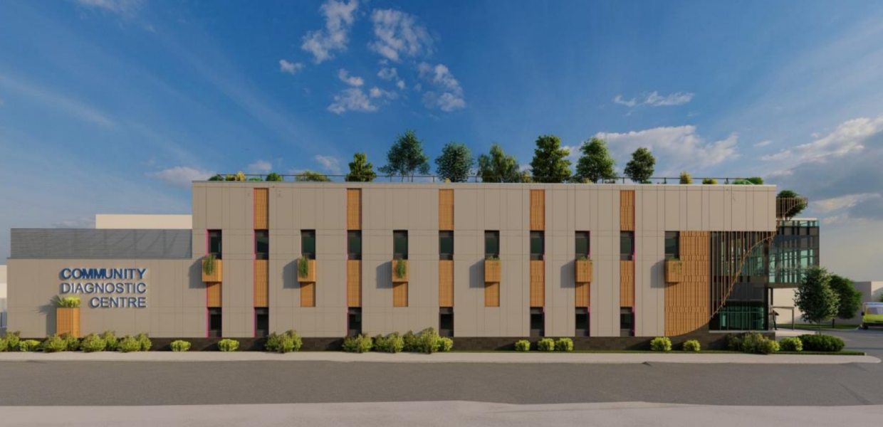 A building with 'Community Diagnostic Centre' written on it.