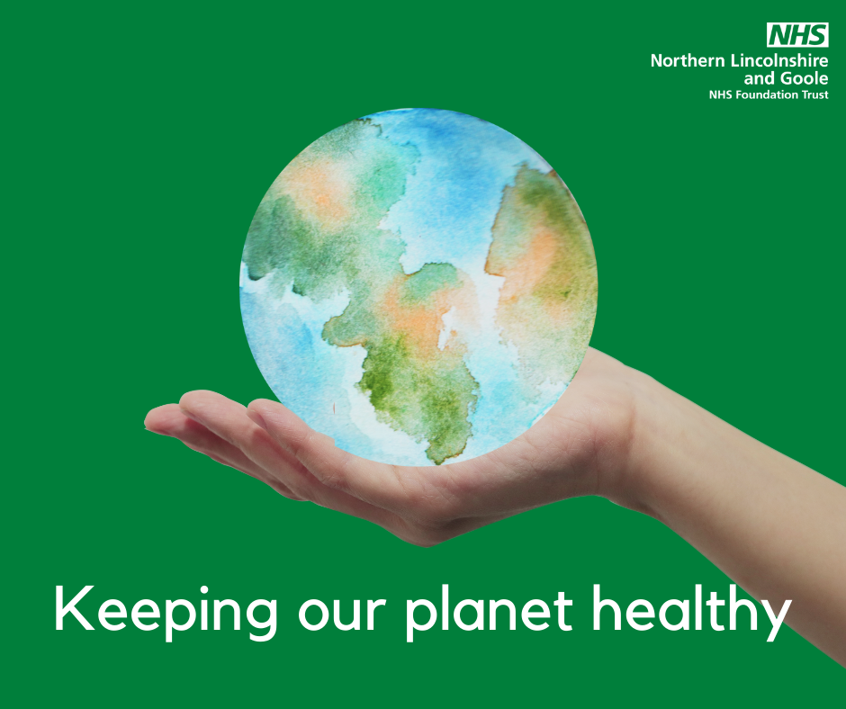 Graphic with a green background and the earth sitting in an outstretched hand. Under this are the words "keeping our planet healthy"