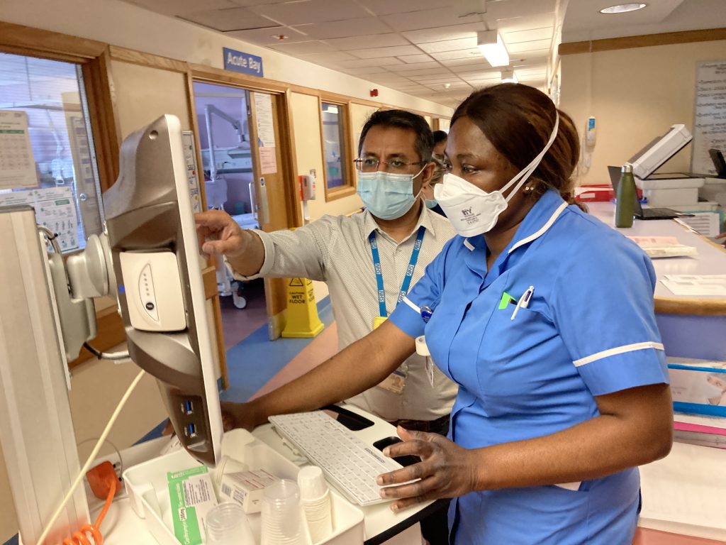 A pharmacist pointing at a screen demonstrating something to a staff nurse