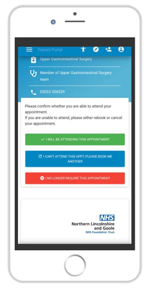 A screenshot showing a page with three appointment options: I will be attending, can't attend, please book me another, and I no longer need this appointment