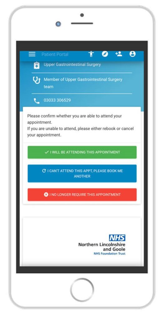A screenshot showing a page with three appointment options: I will be attending, can't attend, please book me another, and I no longer need this appointment
