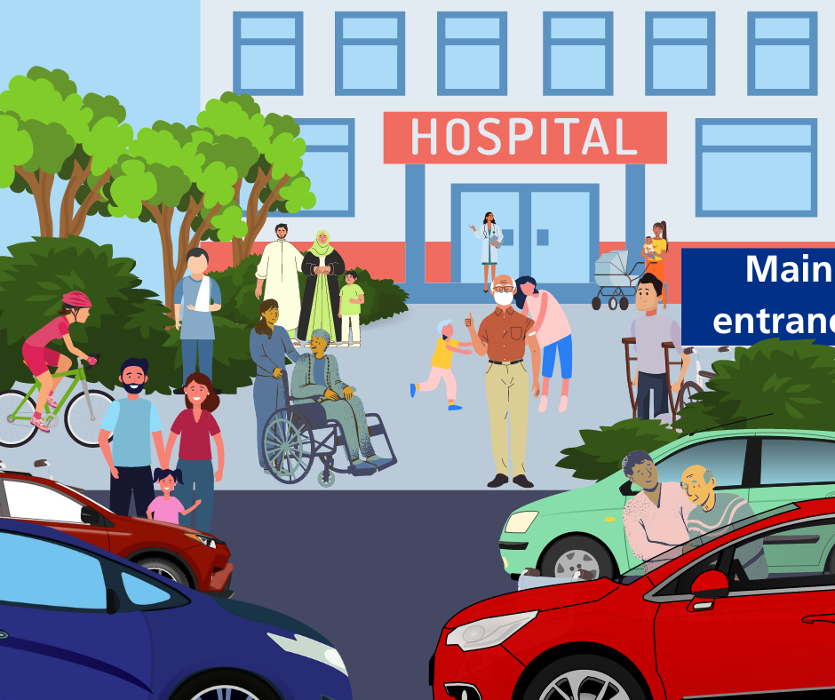 Review of 2022: A graphic showing a busy seen outside a hospital, which contains a number of hidden wheelchairs for people to find.