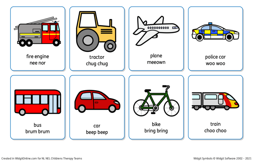 a worksheet for children to help with their speech sounds, Images of a fire engine, tractor, plane, police car, bus, car, bike and train