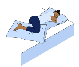 Pelvic Girdle Pain: A drawing of a pregnant woman laying on a bed.
She is on her side and there are pillows under her head and bump.
Between her legs is another pillow
