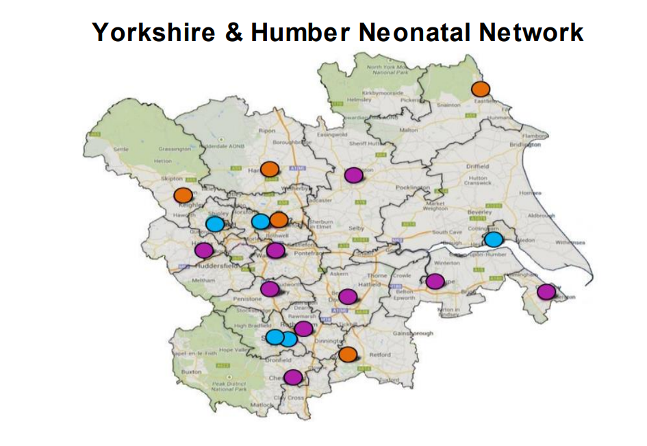 A map of Yorkshire and the Humber, showing the locations of the three levels of specialist neonatal care units.
These are detailed in the main text