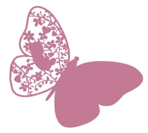 A pink drawing of a butterfly. One wing is a block of colour, the other is 'cut out' to show flowers, branches, hearts and a baby