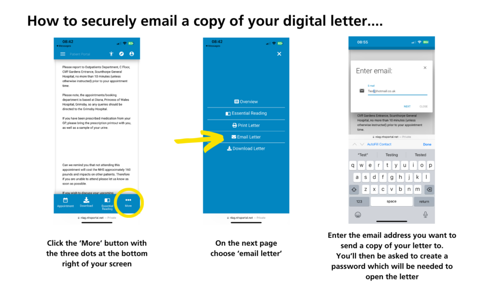 Step one: Click the more button with the three dots at the bottom right of your screen.
Step two: Choose the 'email letter' option
Step three: Enter the email address you want to send a copy of your letter to. You'll then be asked to create a password, which will be needed to open the letter"