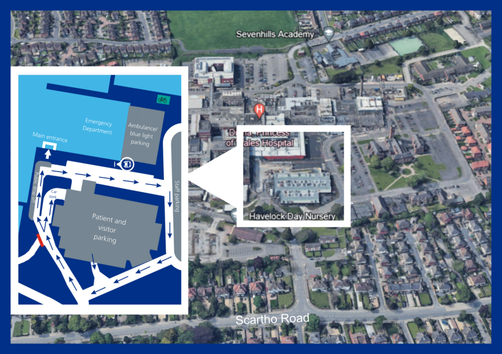 An overhead image of the Grimsby Hospital site. The area around the main public car park, emergency department and main entrance is enclosed in a white box, leading to a graphic showing the new public drop-off area (outside the main entrance) and bus stop (outside the Emergency Department)
