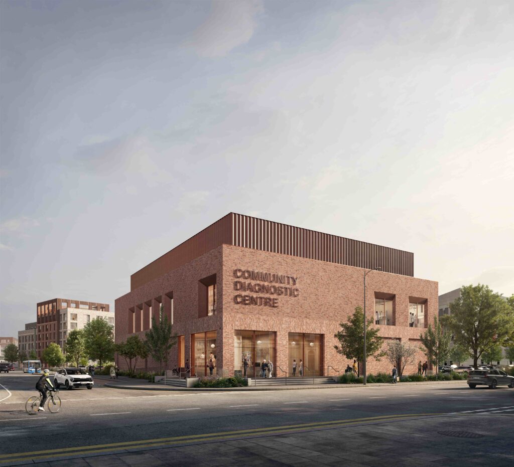 An image showing the exterior of the Hull CDC. It's a square, red brick building with the words Community Diagnostic Centre in a red/brown colour on the Albion Street elevation. Large glass doors and windows open onto reception area