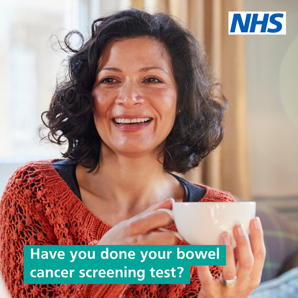 A dark-haired woman in an orange jumper holds a white cup with the message "Have you done your bowel cancer screening test?"