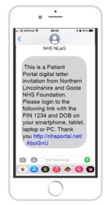 A text message on a mobile phone screen. The content of the text is This is a Patient Portal digital letter invitation from Northern Lincolnshire and Goole NHS Foundation Trust/ Hull University Teaching Hospitals NHS Trust" followed by a link
