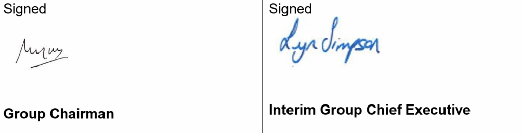 Sean Lyons, Group Chairman and Lyn Simpson, Interim Group Chief Executive, signatures