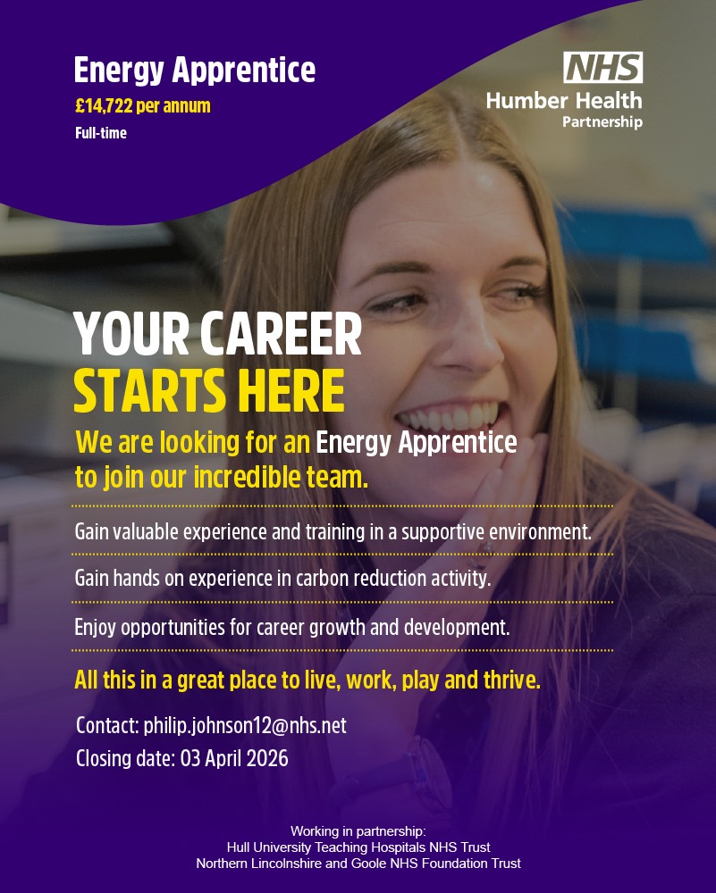 Energy Apprentice
£14,722 per annum
full time

Your career starts here
We are looking for an Energy apprentice to join our incredible team.
Gain valuable experience and training in a supportive environment
Gain hands on experience in carbon reduction activity
Enjoy opportunities for career growth and development
All this in a great place to live, work, play, and thrive
Contact philip.johnson12@nhs.net
Closing Date 3 April 2026