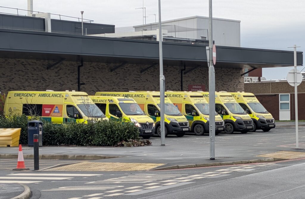 Ambulances parked outside the Grimsby Emergency Department