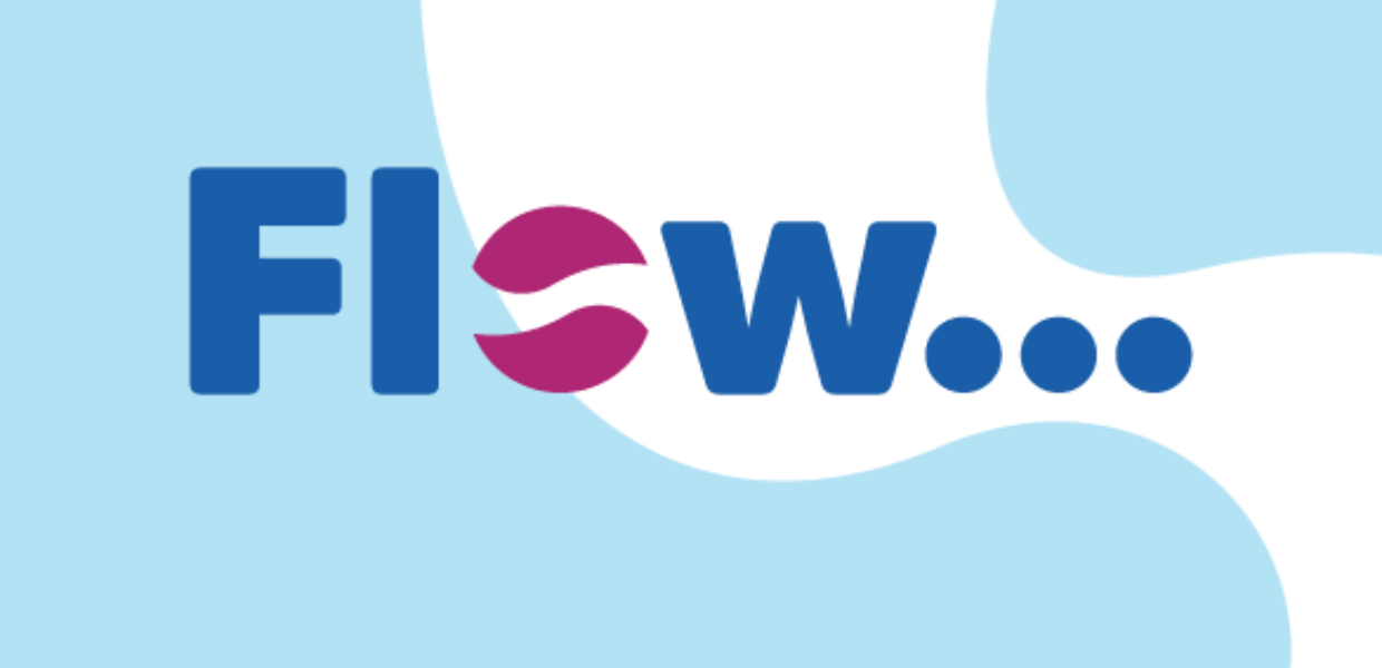 Flow logo on a blue and white 'wave' background