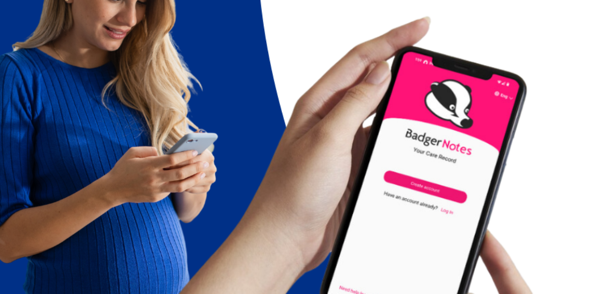 A pregnant person looks at a phone. A mobile phone can be seen with the Badger Notes app on the screen