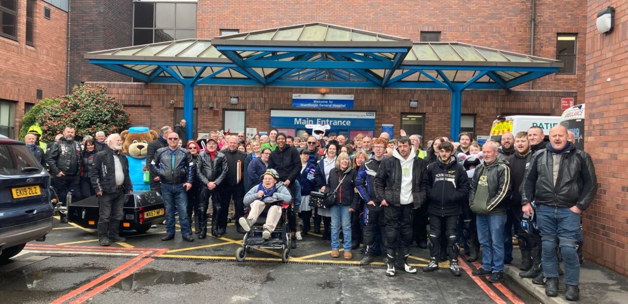 Scunny Bikers and members of the public outside Scunthorpe hospital