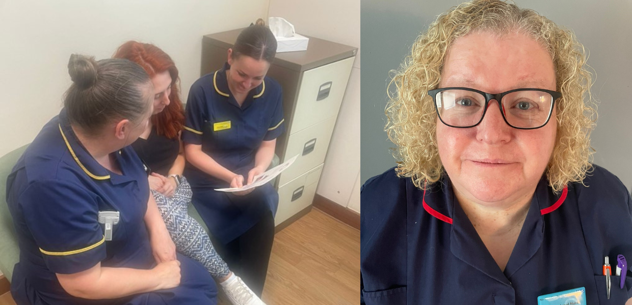 A montage of two pictures showing three nurses