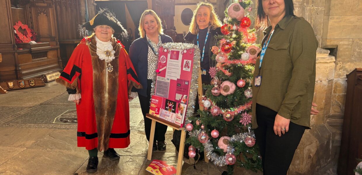 Hull Lord Mayor Cheryl Payne with Sue Whittle, Lesley Peacock and Sarah Remy of Humberside Breast Screening beside their Christmas tree