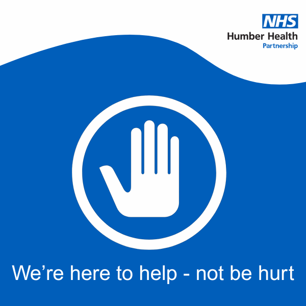A blue background with a graphic of a palm being held up in a circle. Text reads, we're here to help - not be hurt