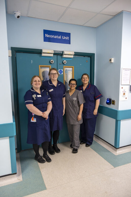 From left, Caroline Altun, Neonatal Unit Manager; Emily Hunter, Neonatal Clinical Governance Nurse; Consultant Neonatologist Dr Aparna Manou; NICU Matron Francesca Matthews