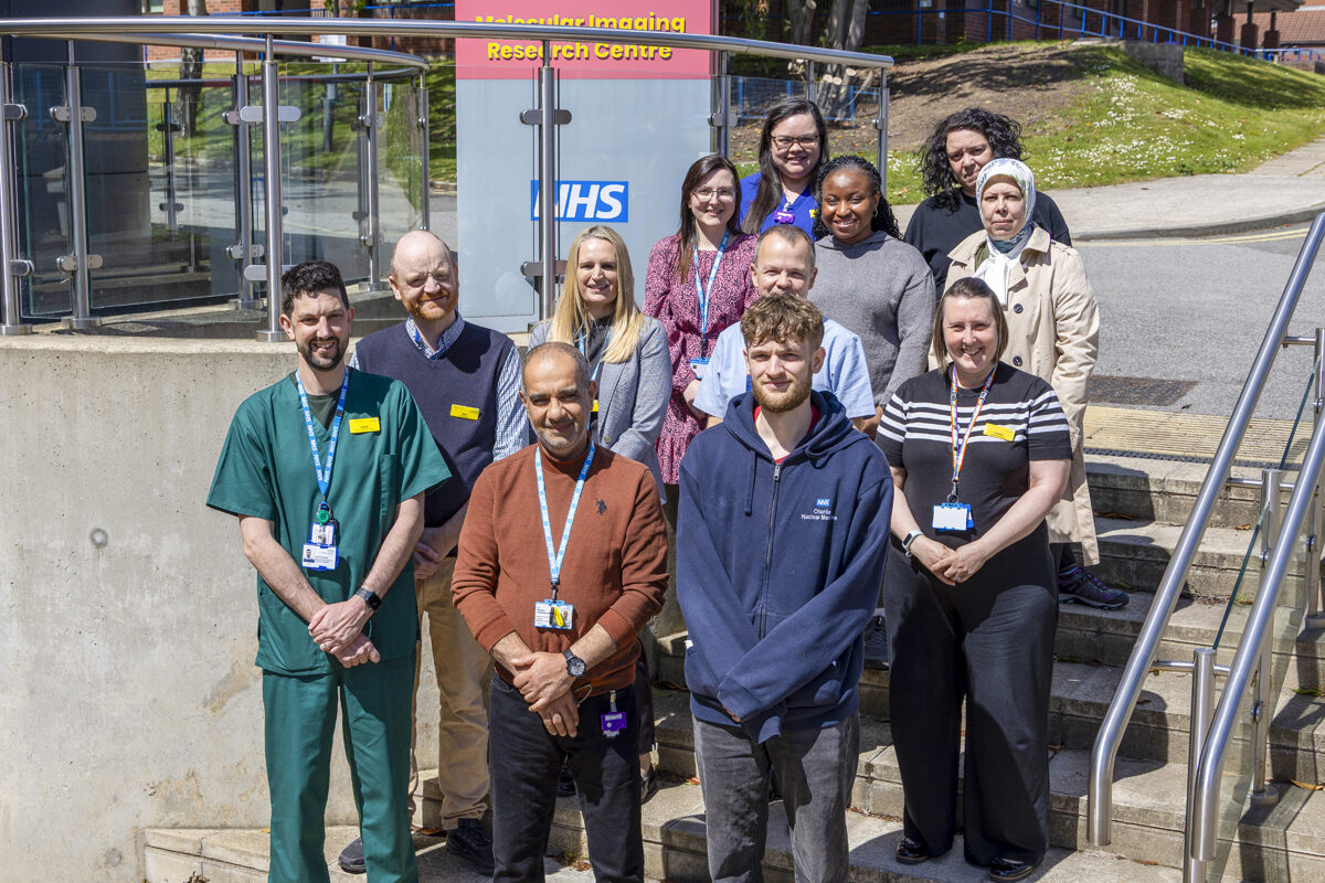 Some of the members of the teams involved in the new radiopharmacy suite pose outside the Molecular Imaging Research Centre at Castle Hill Hospital