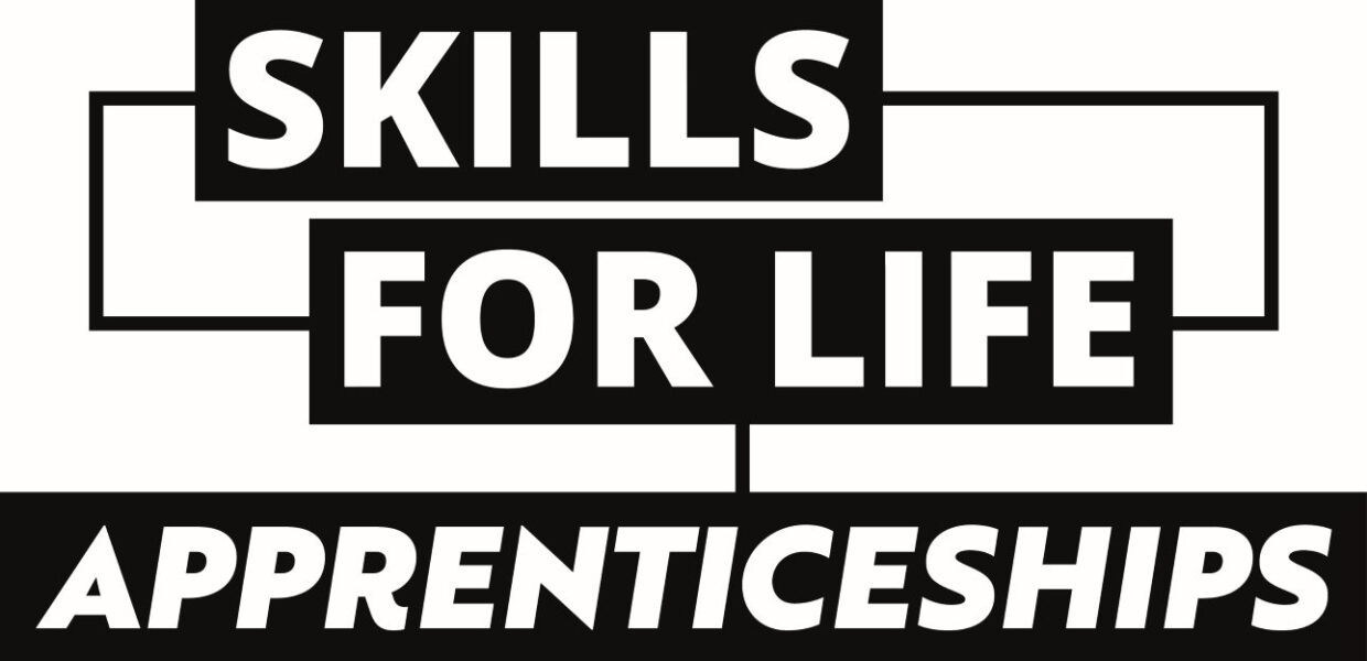 In large white characters on a black background it says: Skills for Life. Apprenticeships