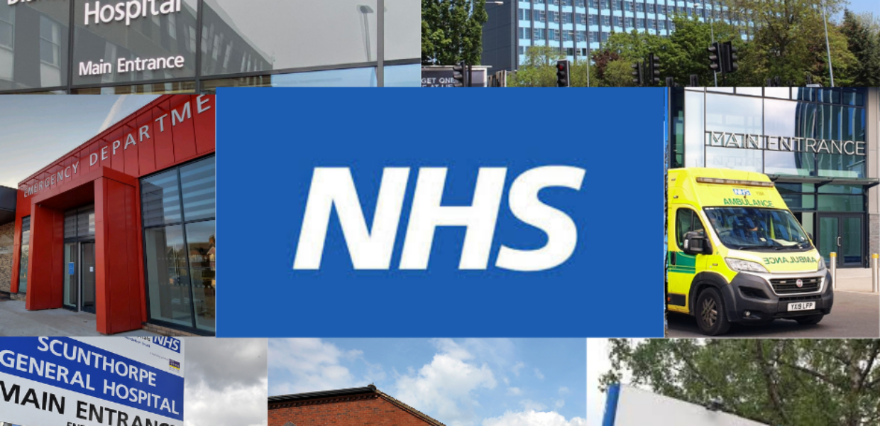 a montage of hospitals with the NHS logo in the centre