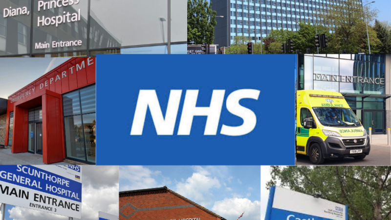 a montage of hospitals with the NHS logo in the centre