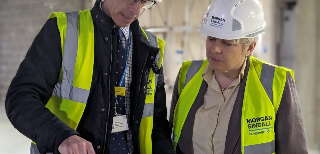 Associate Director of Estates Projects, Mark Edgar, talks Great Grimsby MP Lia Nici through the plan for the new Community Diagnostic Centre in Grimsby