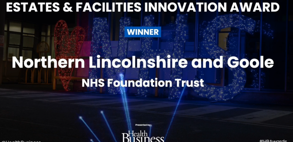 A screenshot from the virtual award ceremony naming Northern Lincolnshire and Goole NHS Trust as the winner of the Health Business Awards Estates and Facilities Innovation Award.