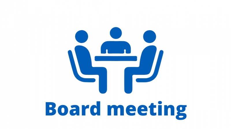 A graphic of three people taking part in a meeting. Above them are the words "Board meeting"