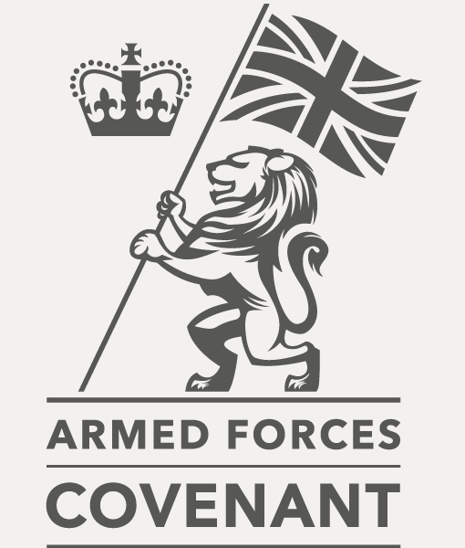 A silver lion holding a Union Flag. Armed Forces Covenant Employer Recognition Scheme Silver Award