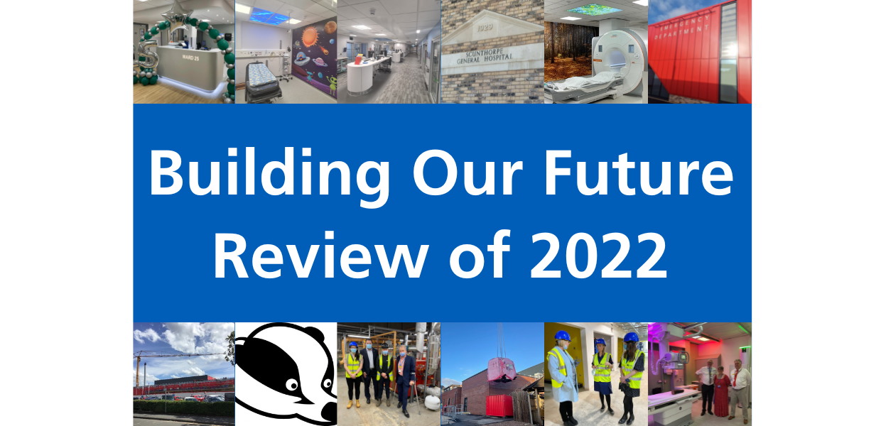 A montage of images showing the construction and finish of some of our new facilities and departments. In the centre, is the text, Building Our Future, Review of 2022
