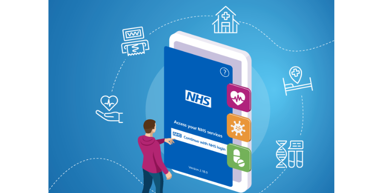 man using a touchscreen phone selecting to log on to the nhs app