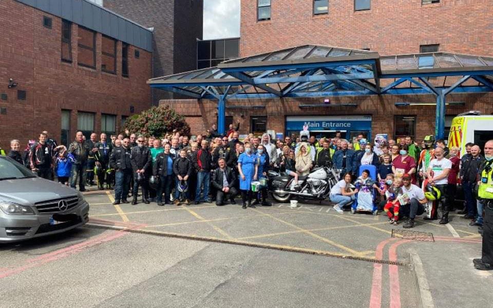 Staff and motorcyclists outside Scunthorpe hospital.