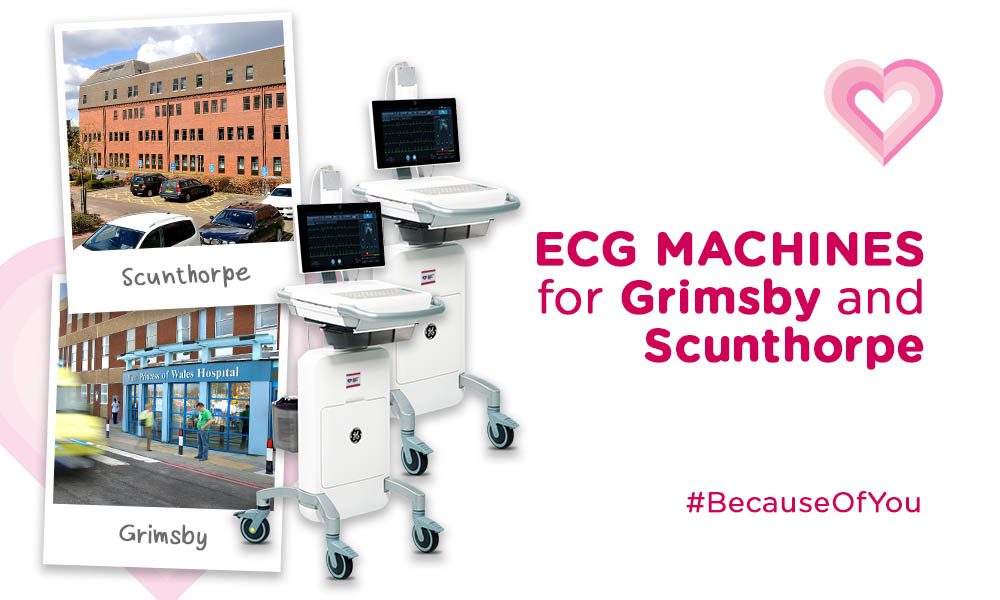 Images showing the outside of Scunthorpe and Grimsby hospitals and two ECG machines