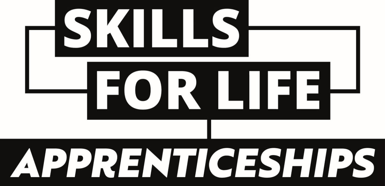 In large white characters on a black background it says: Skills for Life. Apprenticeships