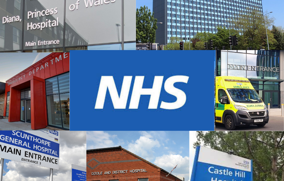 a montage of hospitals with the NHS logo in the centre